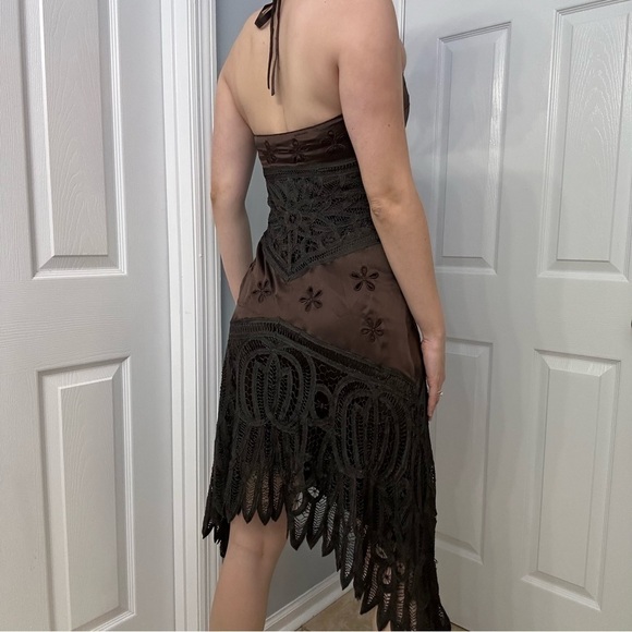 Vintage Cache Dress Midi Halter Lace Brown Black Boho Cocktail Size Extra Small - Picture 2 of 5